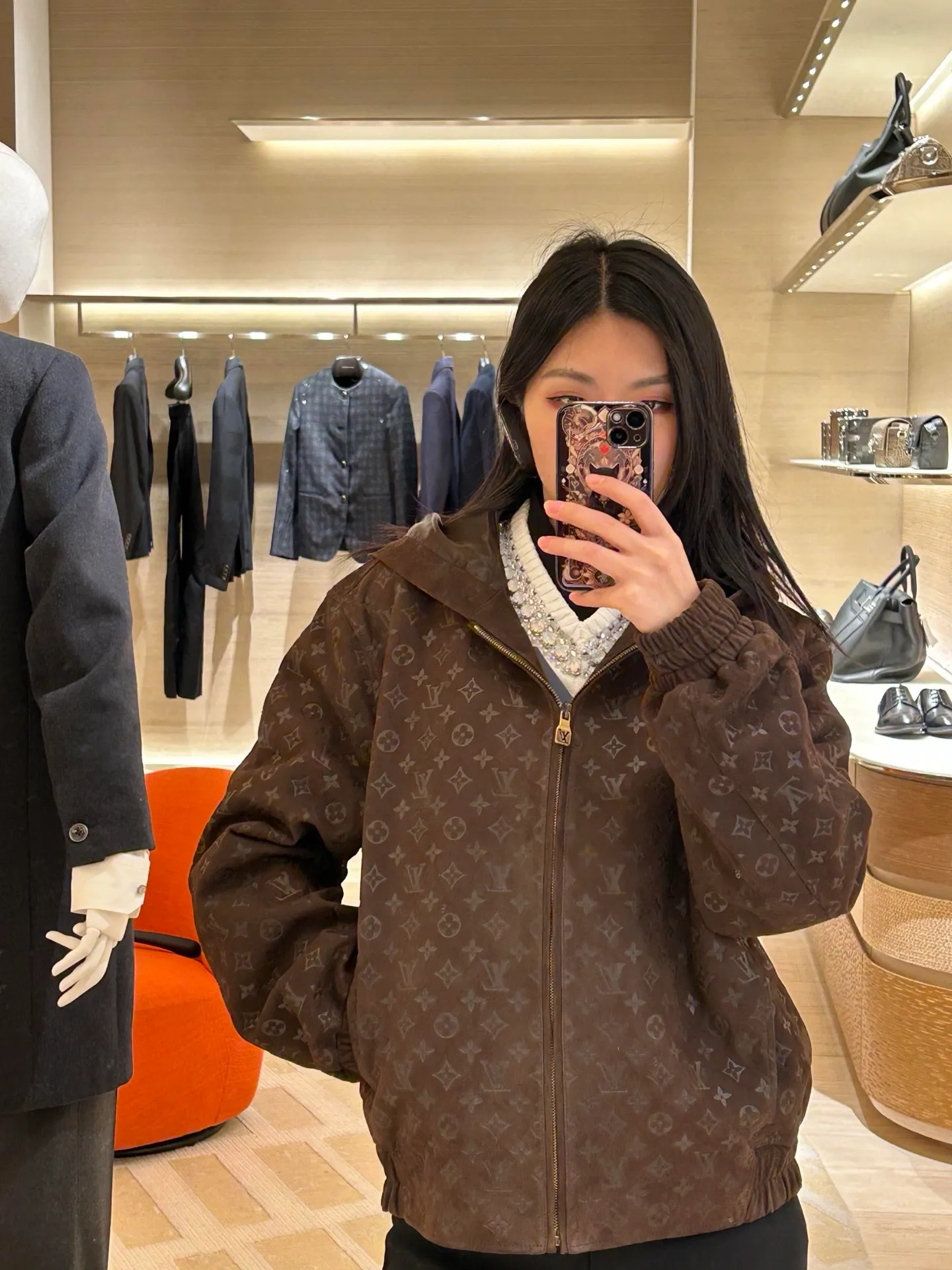 Louis Vuitton/embossed suede leather hooded jacket